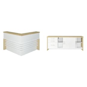 Conjunto Recepção Balcão de Atendimento e Balcão Tamburato com 3 Gavetas Carvalho/Branco