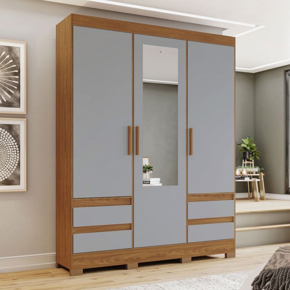Guarda-Roupa Solteiro Lema 3 Portas 4 Gavetas com Espelho Nature/Cinza - Henn