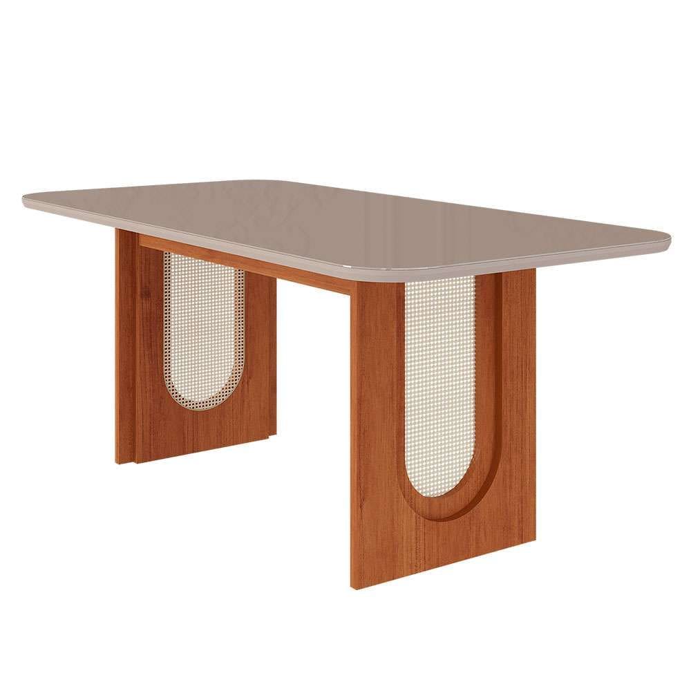 mesa de jantar retangular com tampo de vidro valentina cinamomo e off white 180 cm