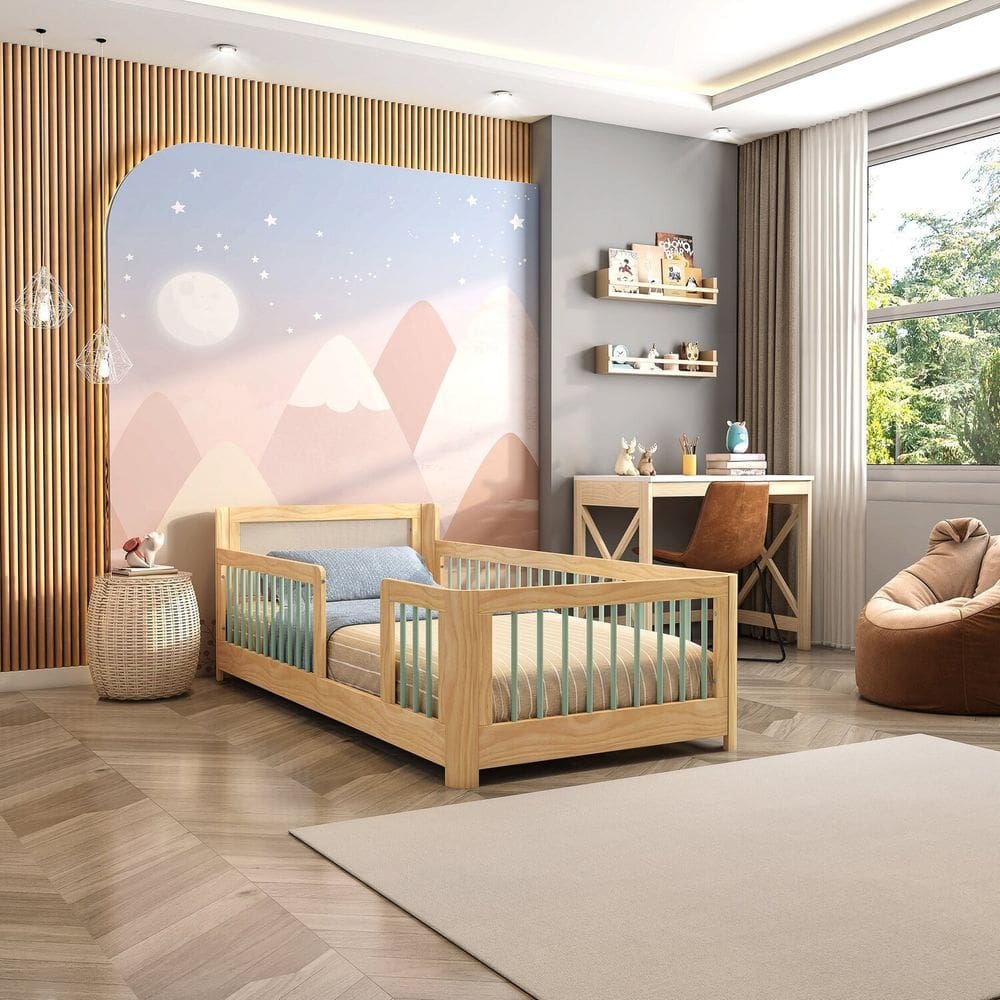 Cama Infantil Solteiro Montessoriano Wave com Rattan Casatema Verde/Natural
