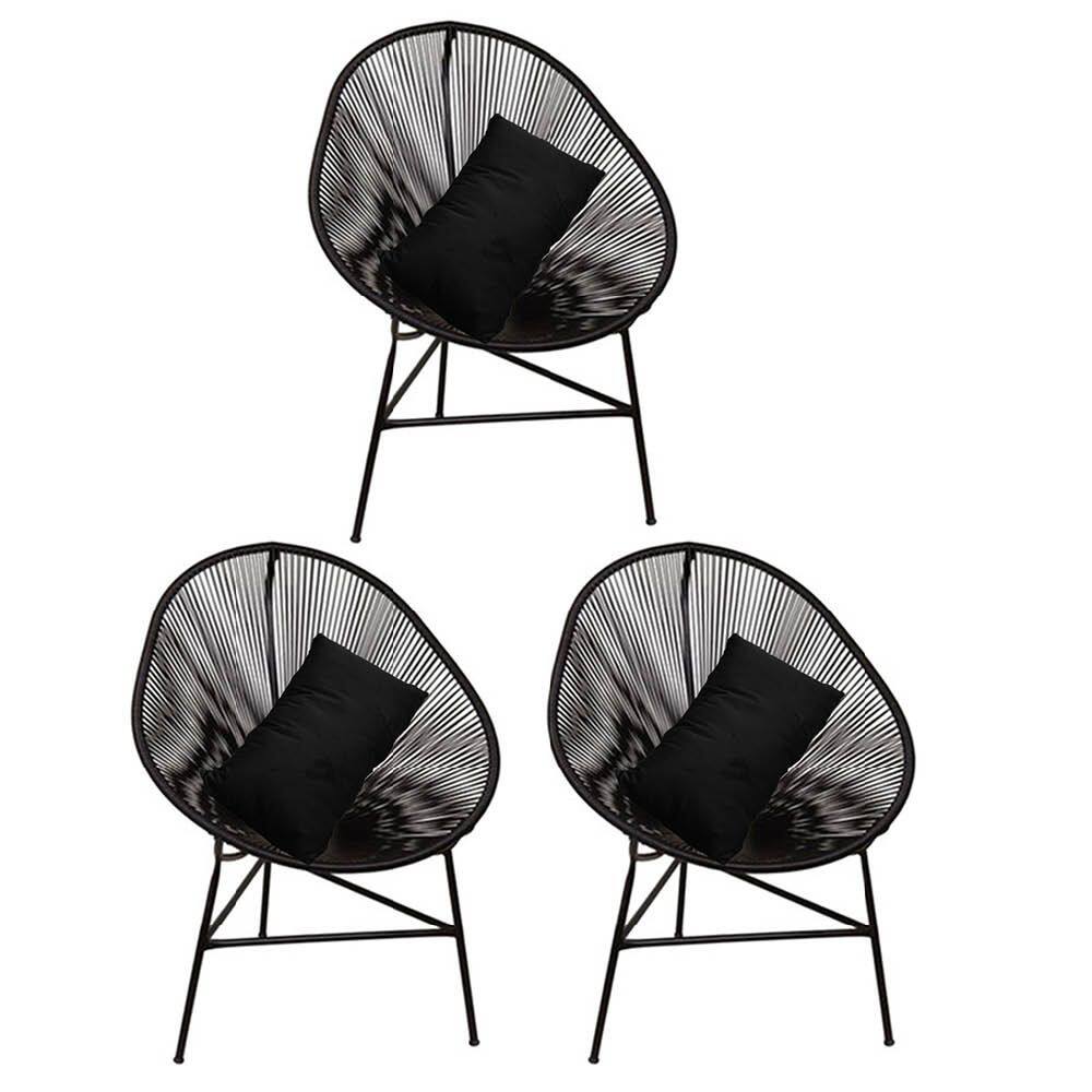 Kit 03 Poltrona Cadeira Acapulco Plus com Almofada Quadrado Preto Tecido Sintético Preto - Ahazzo Móveis