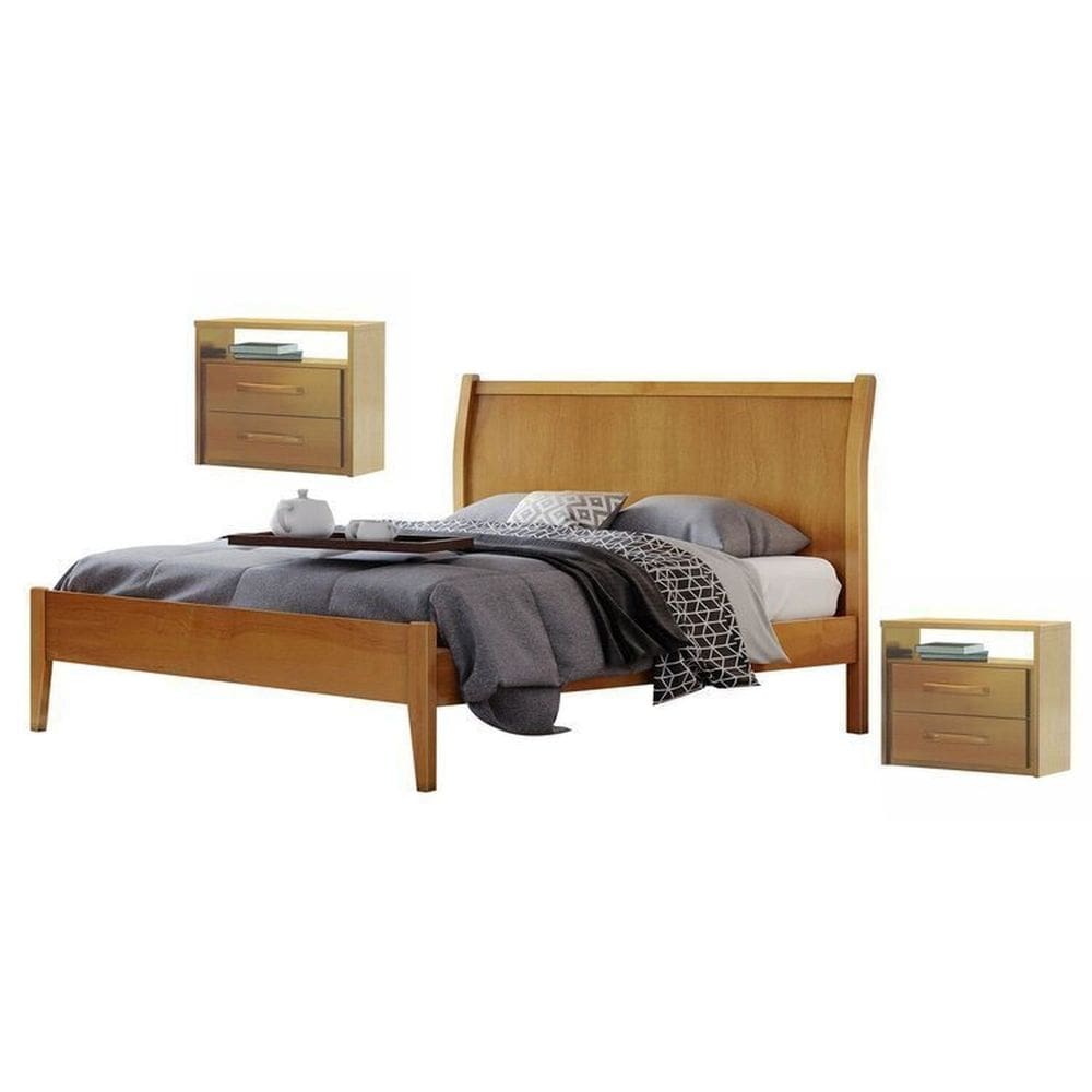 Conjunto Quarto de Casal Cama 140cm e 2 Mesas de Cabeceira 2 Gavetas Amêndoa Mel