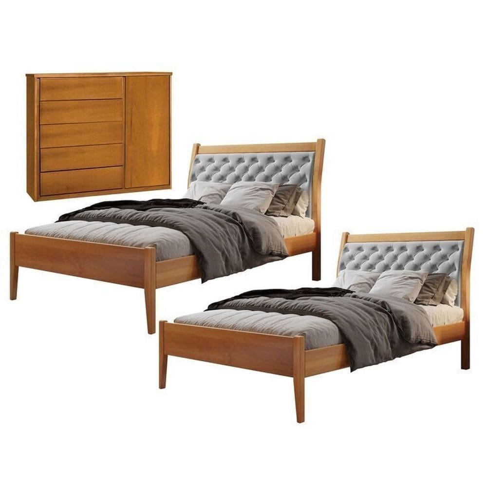 Conjunto Quarto de Solteiro 2 Camas e Cômoda 5 Gavetas 1 Porta com Sapateira Amêndoa Mel/Cinza Claro