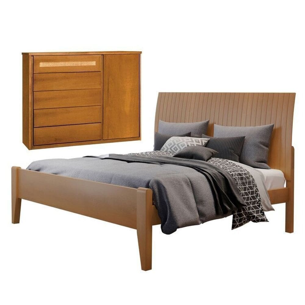 Conjunto Quarto de Casal Cama em Madeira Maciça 140cm e Cômoda 5 Gavetas com Sapateira Rattam Amêndoa Mel