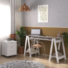 Conjunto para Escritório 2 Peças Escrivaninha Cristal e Gaveteiro New Branco