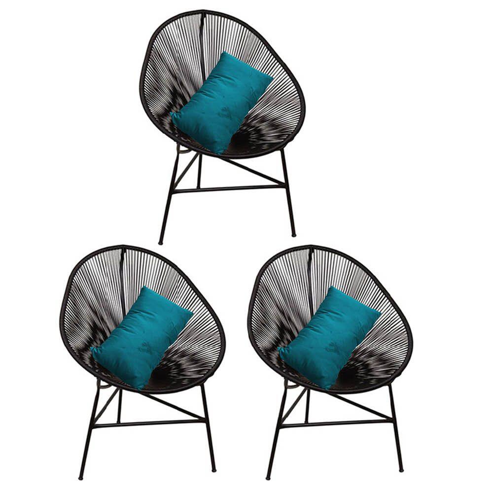 Kit 03 Poltrona Cadeira Acapulco Plus com Almofada Quadrado Preto Suede Azul Turquesa - Ahazzo Móveis