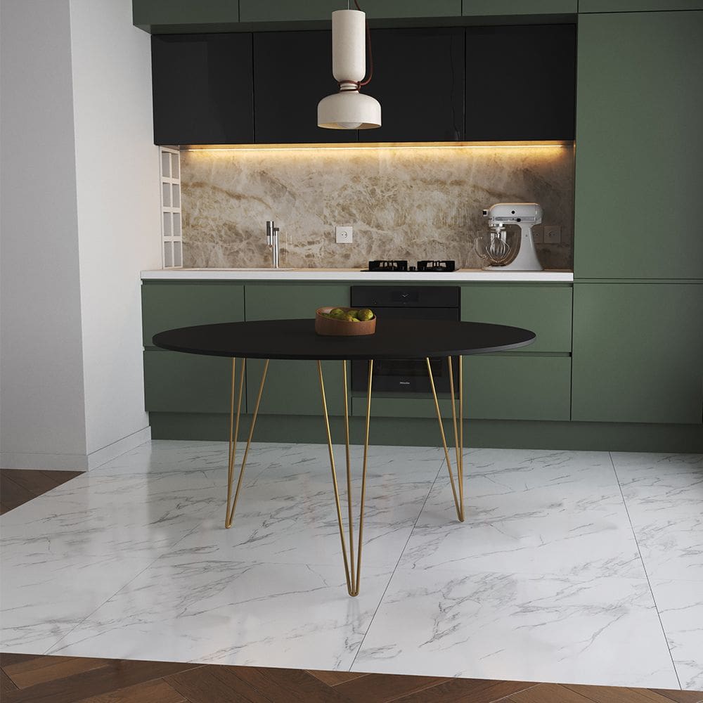 Mesa de Jantar Redonda 110cm Preta Clips 3 Pés Base Dourado