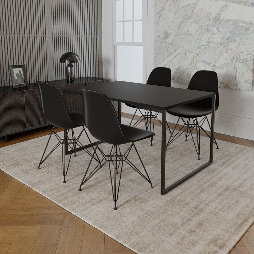 Mesa Industrial Luxo Base Ferro Preto 137x90 Tampo Preto 4 Cadeiras Eiffel Ferro Preto Assento Preto