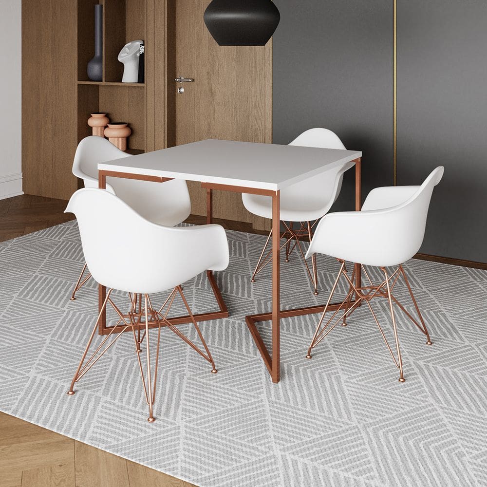 Mesa Jantar Industrial Premium Branca 90cm Quadrada Base Cobre V com 4 Poltronas Eames Eiffel Branca