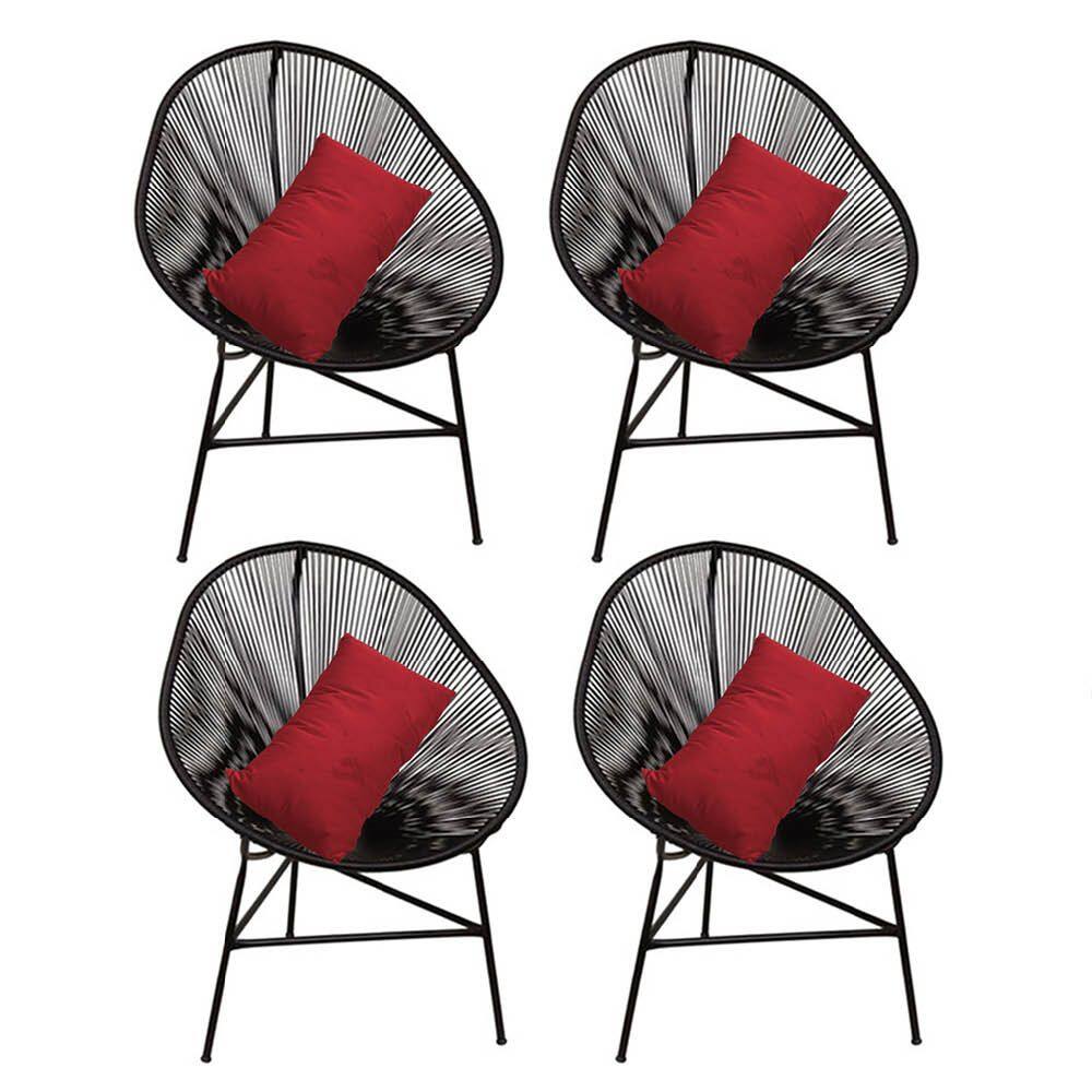 Kit 04 Poltrona Cadeira Acapulco Plus com Almofada Quadrado Preto Tecido Sintético Vermelho - Ahazzo Móveis