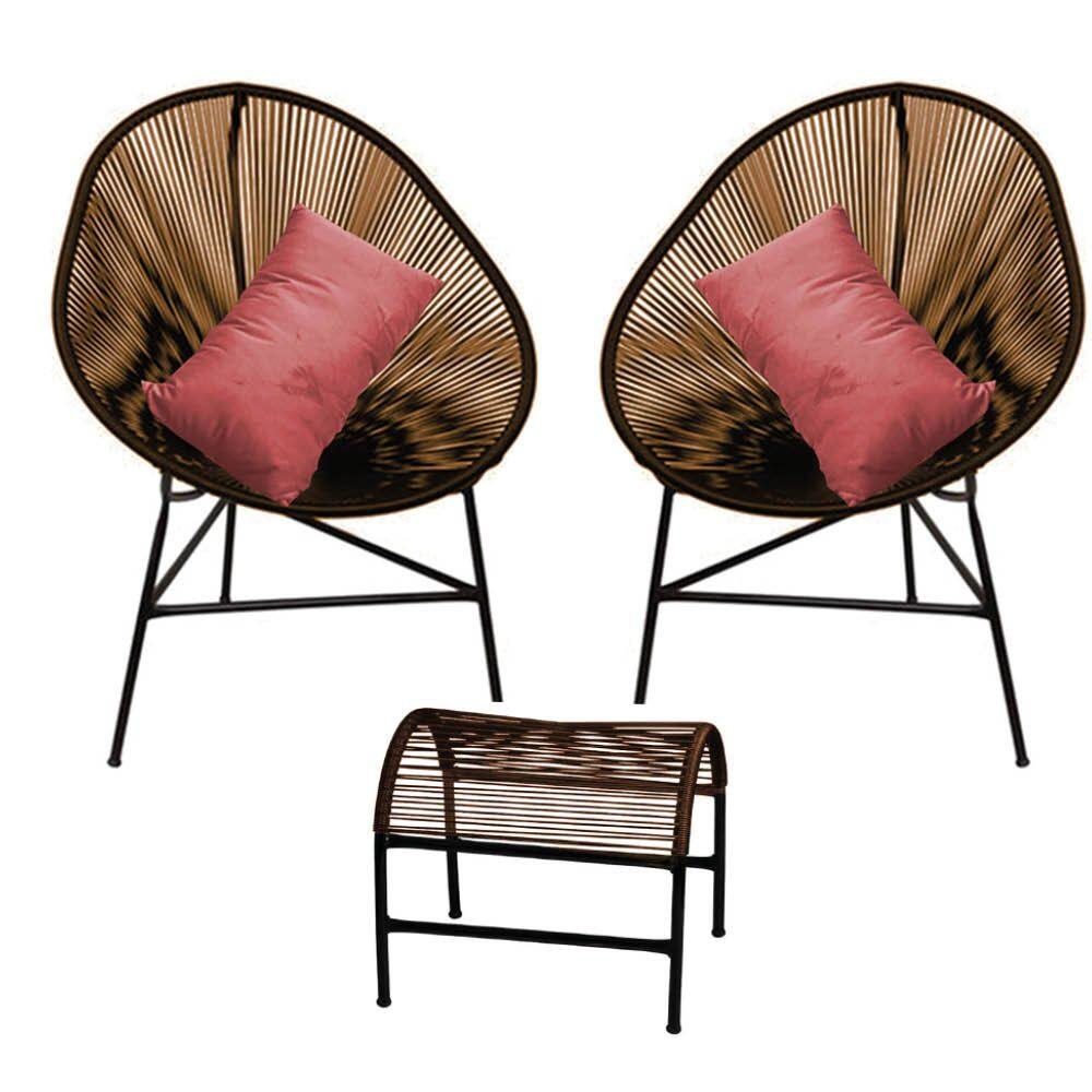 Kit 2 Poltronas com Puff Acapulco Plus Área Externa Fibra Marrom e Almofada Suede Rose Gold - Ahazzo Móveis