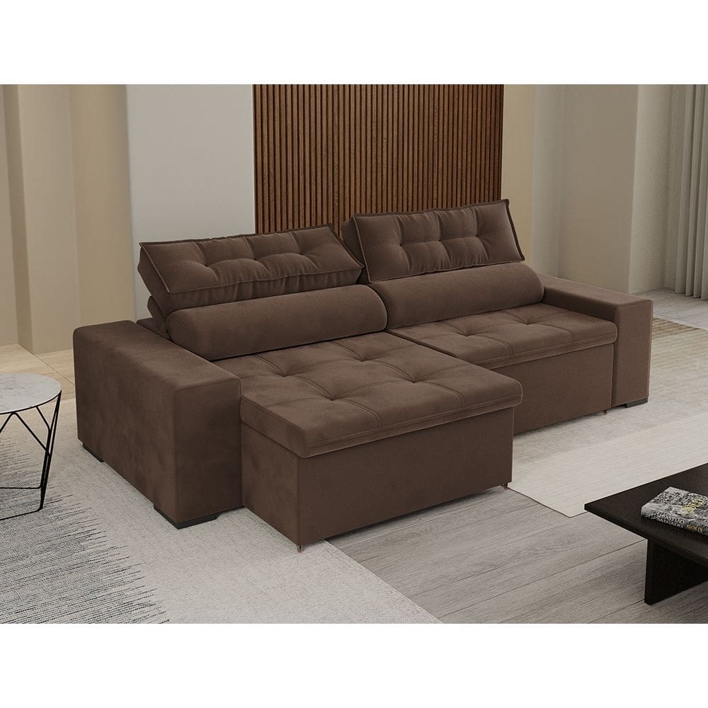 Sofá Premium com Molas Bonel Retrátil e Reclinável Florenza 2,30m Marrom- Casa Prime