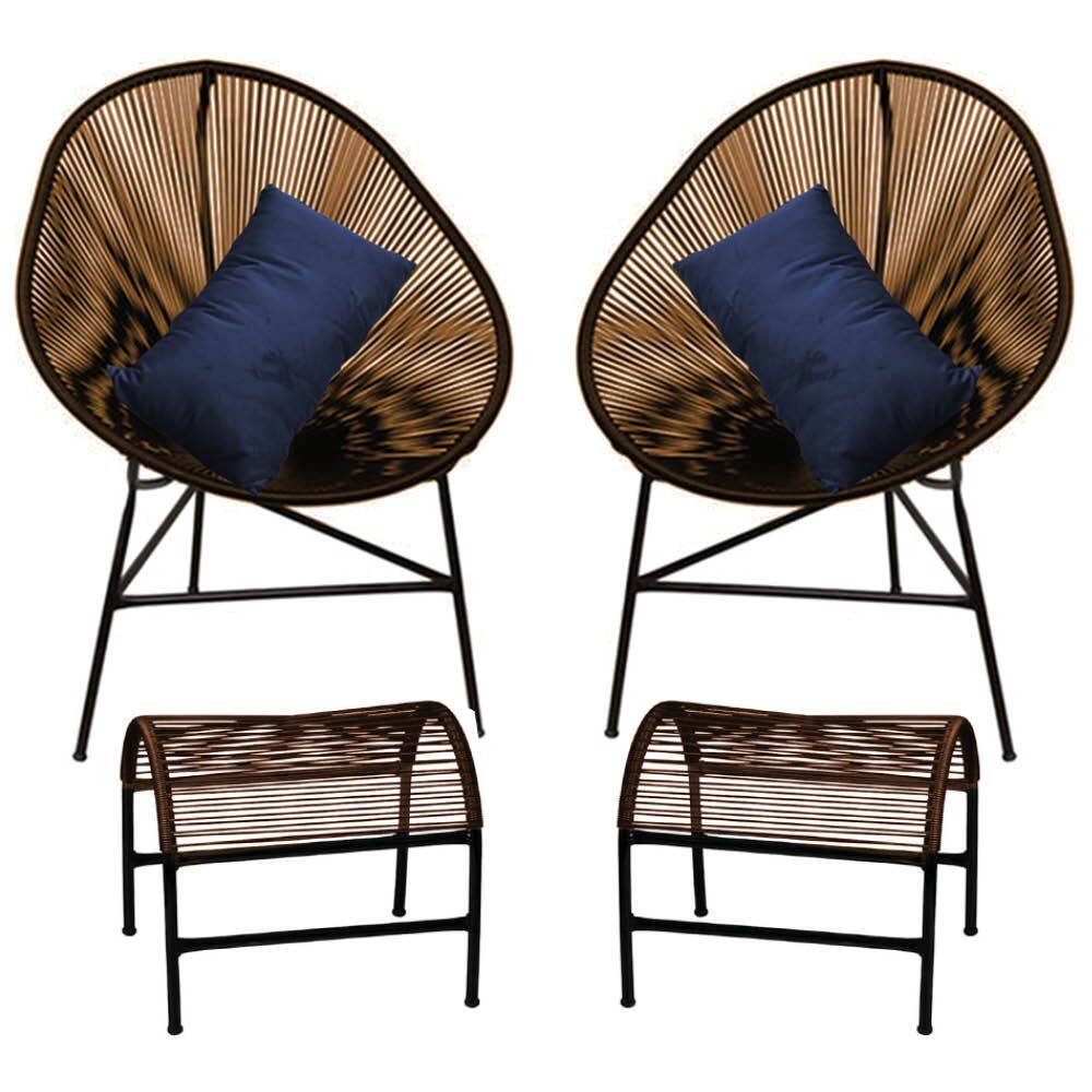 Kit 2 Poltronas com 2 Puffs Acapulco Plus Área Externa Fibra Marrom e Almofada Suede Azul Marinho - Ahazzo Móveis
