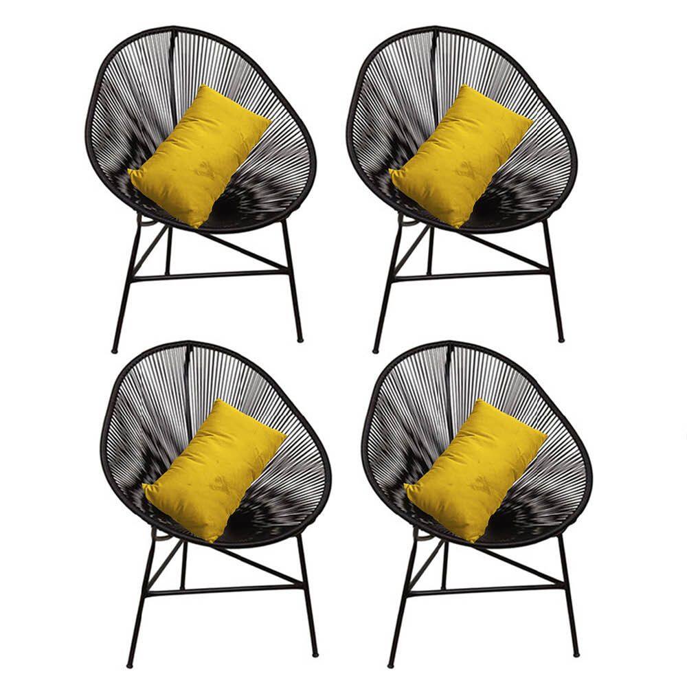 Kit 04 Poltrona Cadeira Acapulco Plus com Almofada Quadrado Preto Corino Amarelo - Ahazzo Móveis