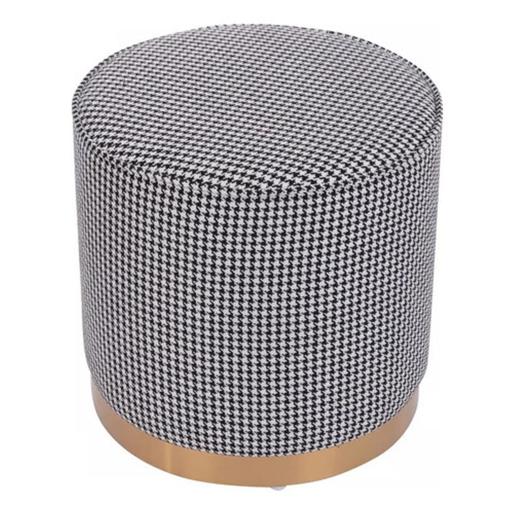 Puff Redondo Baixo 41x41cm Linho Texturizado E Dourado