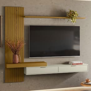 Painel para TV Até 65 Polegadas Italy 2 Portas Ripado Cedro Freijo/Off White - Olivar Móveis