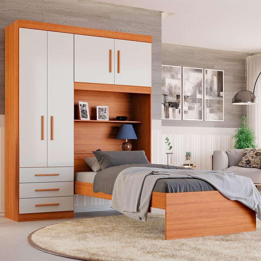 guarda-roupa solteiro com cama e baú advantage 4 pt 3 gv freijó wood e off white