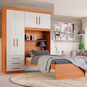 guarda-roupa solteiro com cama e baú advantage 4 pt 3 gv freijó wood e off white