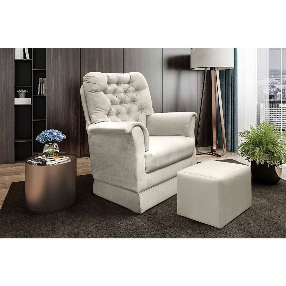 poltrona para amamentação balanço com puff agatha suede bege claro