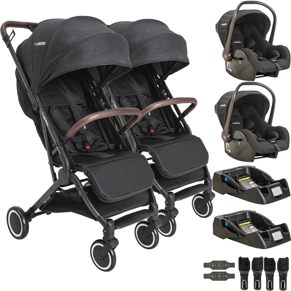 Carrinho Kiddo Sprint Preto para Gemeos 2 Bebe Conforto 2 Base