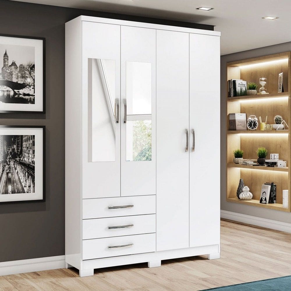 Guarda-Roupa Solteiro Caju 4 Portas e 3 Gavetas com Espelho Branco - Henn