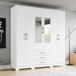 Guarda-Roupa Solteiro Caju 6 Portas 3 Gavetas com Espelho Branco - Henn