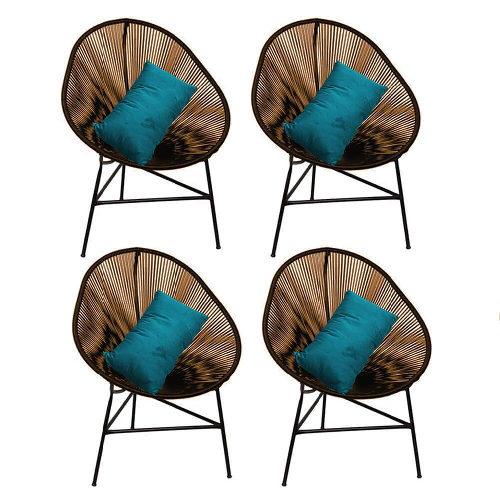 Kit 04 Poltrona Cadeira Acapulco Plus com Almofada Quadrado Marrom Suede Azul Turquesa - Ahazzo Móveis