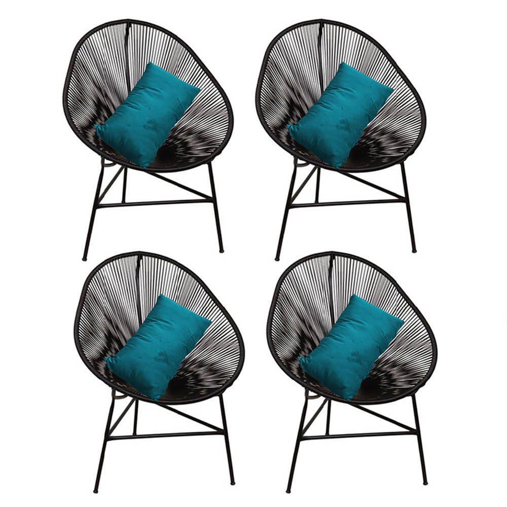 Kit 04 Poltrona Cadeira Acapulco Plus com Almofada Quadrado Preto Suede Azul Turquesa - Ahazzo Móveis