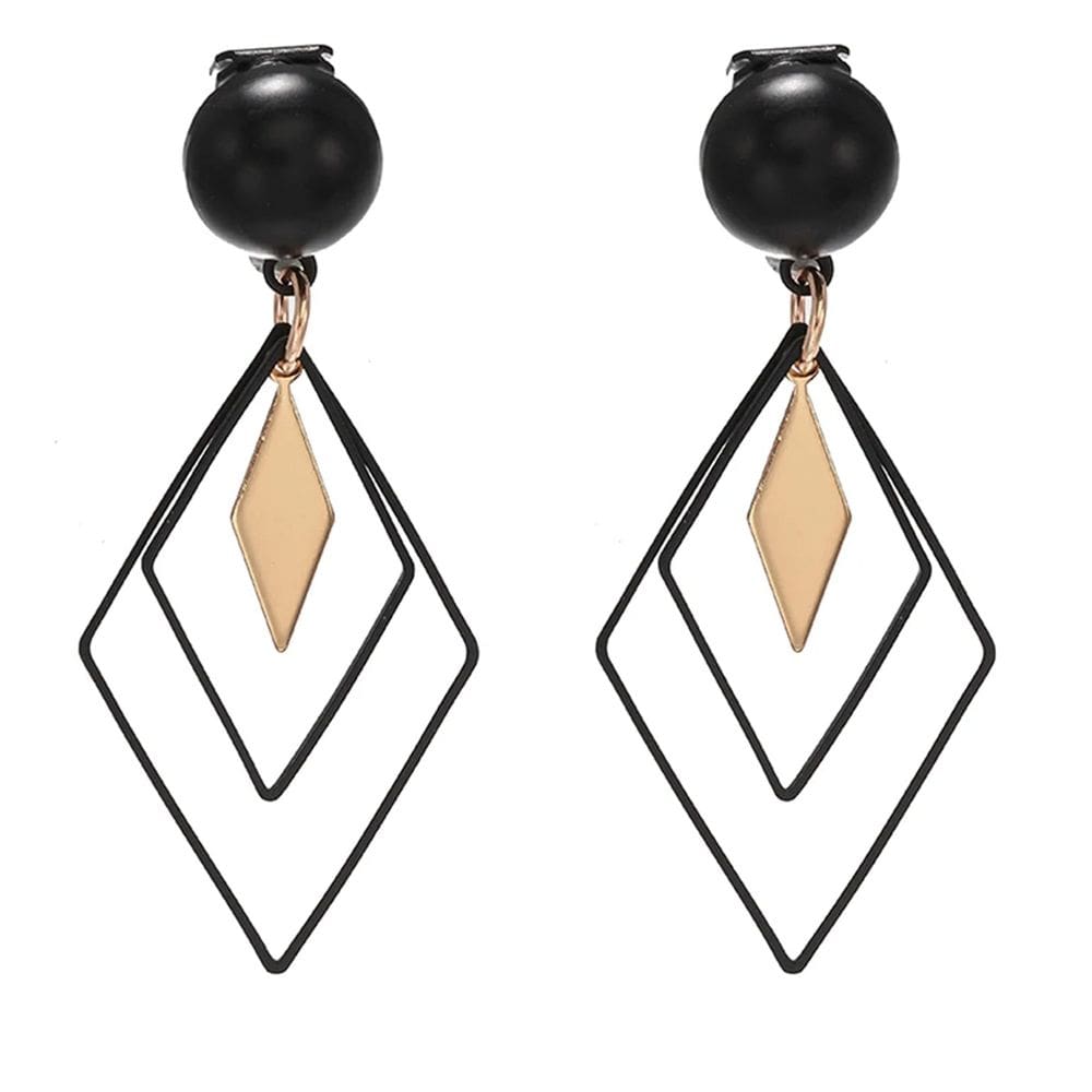 Brinco Feminino Longo Losango Preto e Dourado Luxo Pressão