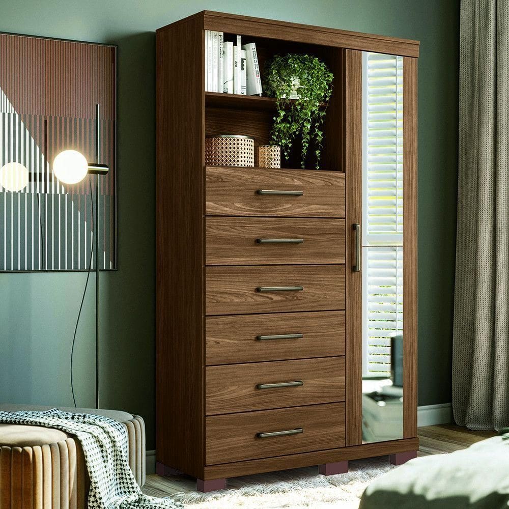 Cômoda Multiuso 1 Porta 6 Gavetas Com Pés E Espelho Marabá Santos Andirá Jatoba