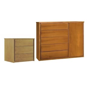 Conjunto Cômoda 5 Gavetas com Sapateira e Mesa de Cabeceira 3 Gavetas Unique Amêndoa Mel