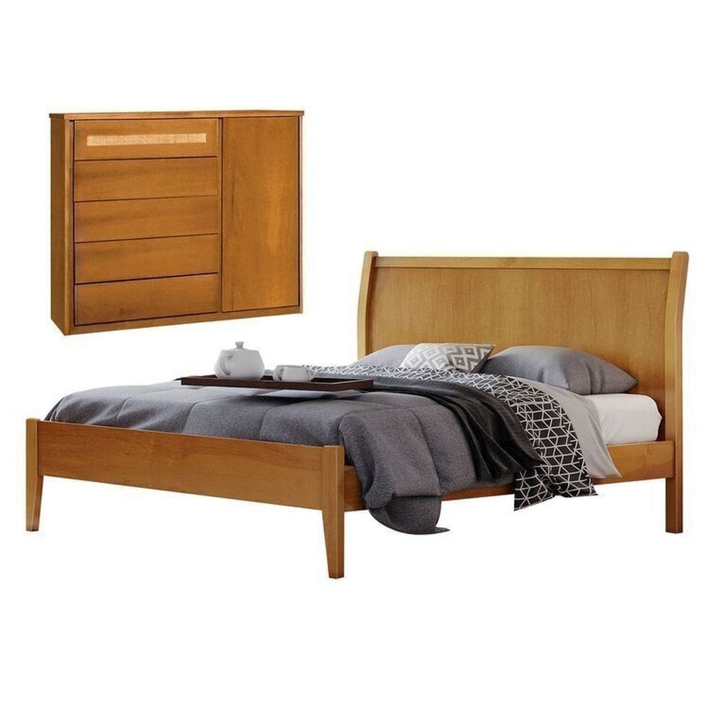 Conjunto Quarto de Casal Cama 140cm e Cômoda 5 Gavetas com Sapateira Amêndoa Mel