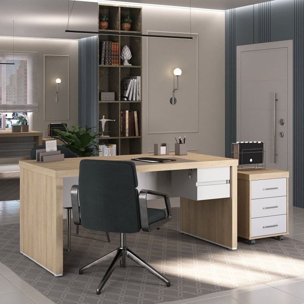 Conjunto para Escritório Executivo 3 Peças Mesa Tamburato com Módulo Suspenso e Gaveteiro 3 Gavetas Carvalho/Branco