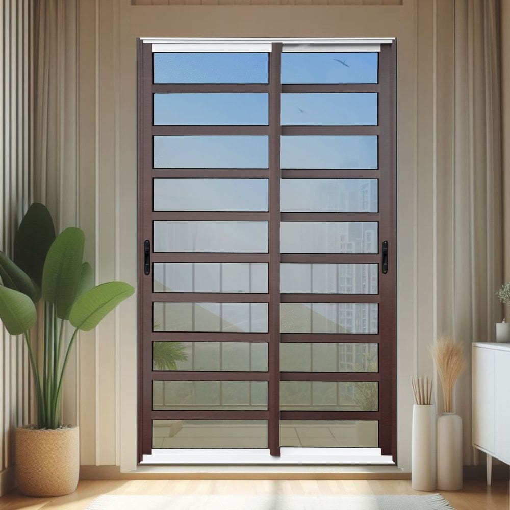 Porta de Correr com Travessas 2 Folhas Moveis 210 X 200 Elite com Fecho Automático Vidro Reflex Mix Corten