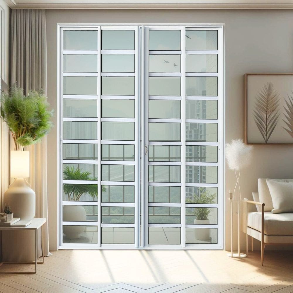 Porta de Correr com Travessas 4 Folhas Moveis 210 X 200 Elite com Fechadura Tetra Vidro Liso Branco