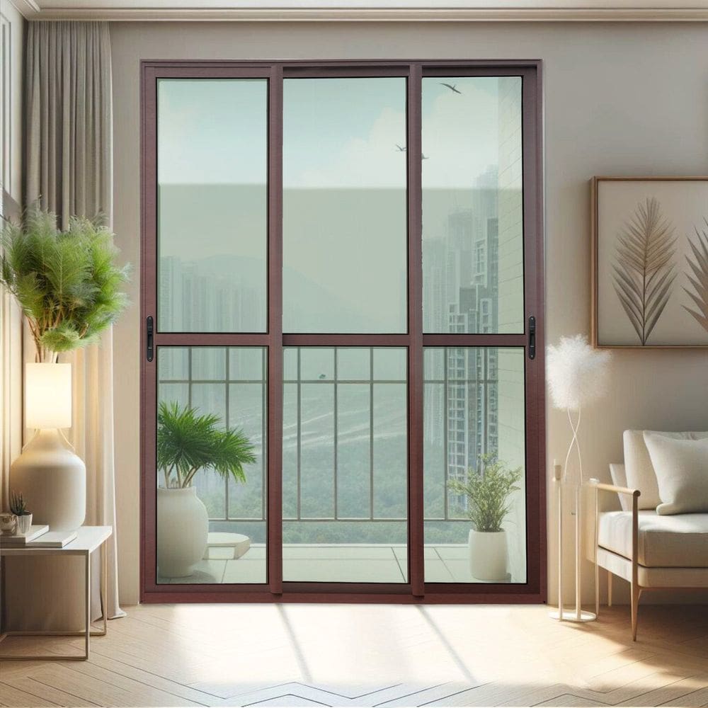 Porta de Correr 3 Folhas Moveis Sequenciais 210 X 200 Elite com Fecho Automático Vidro Liso Corten