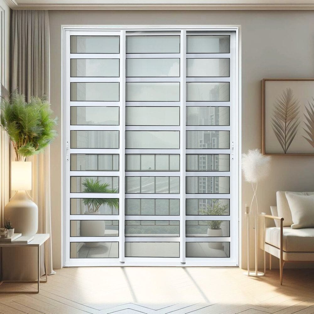 Porta de Correr com Travessas 3 Folhas Moveis Sequenciais 210 X 120 Elite com Fecho Automático Vidro Branco