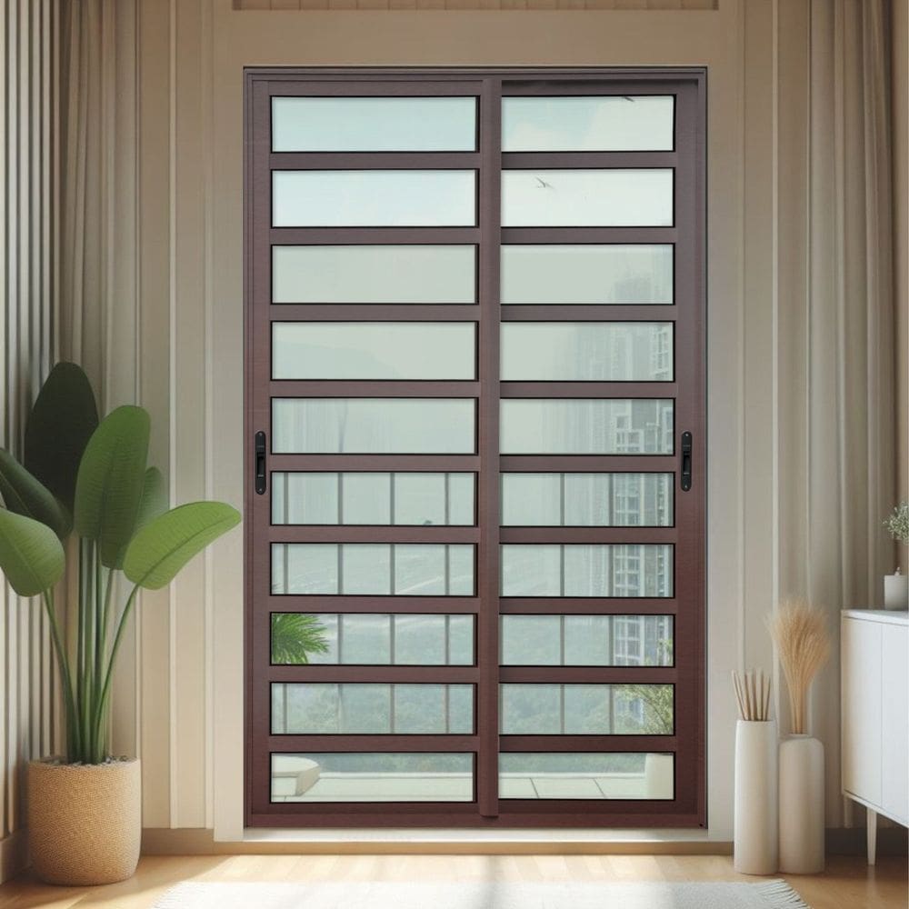 Porta de Correr com Travessas 2 Folhas Moveis 210 X 150 Elite com Fecho Automático Vidro Liso Corten
