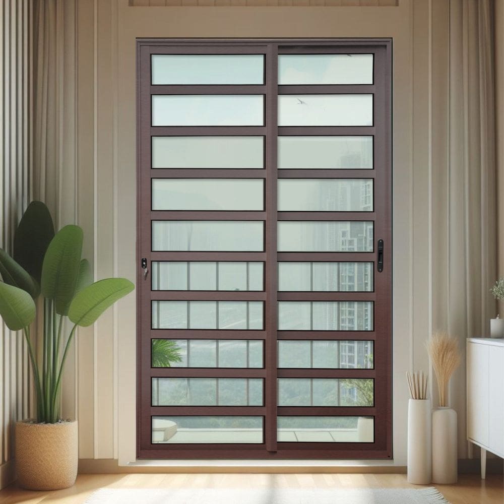 Porta de Correr com Travessas 2 Folhas Moveis 210 X 150 Elite com Fechadura Tetra Vidro Liso Corten