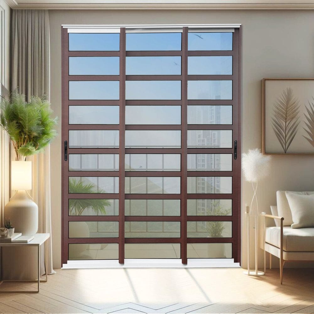 Porta de Correr com Travessas 3 Folhas Moveis Sequenciais 210 X 180 Elite com Fecho Automático Vidro Mix Corten