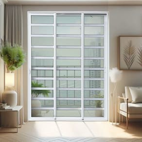 Porta de Correr com Travessas 3 Folhas Moveis Sequenciais 210 X 150 Elite com Fechadura Tetra Vidro Branco