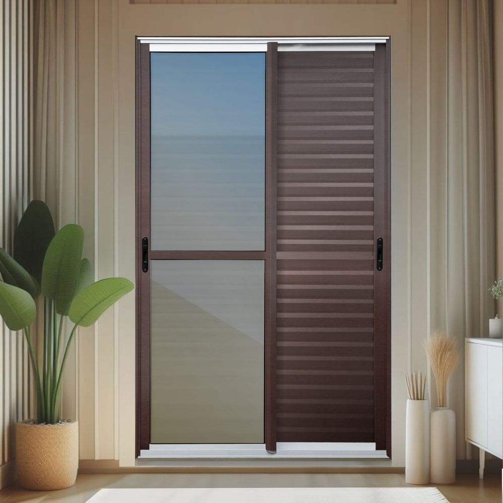 Porta de Correr Venez. 3 Folhas Moveis 210 X 150 Elite com Fecho Automático Vidro Reflex Mix Corten