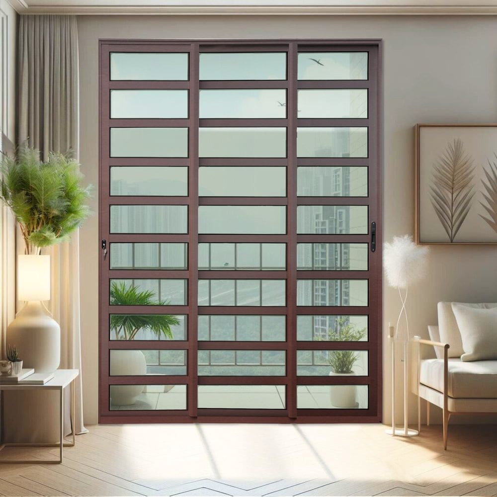 Porta de Correr com Travessas 3 Folhas Moveis Sequenciais 210 X 240 Elite com Fechadura Tetra Vidro Corten