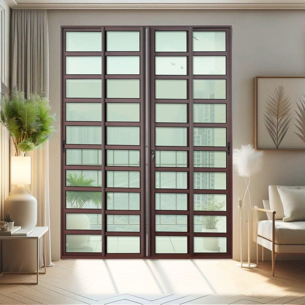 Porta de Correr com Travessas 4 Folhas Moveis 210 X 240 Elite com Fechadura Tetra Vidro Liso Corten