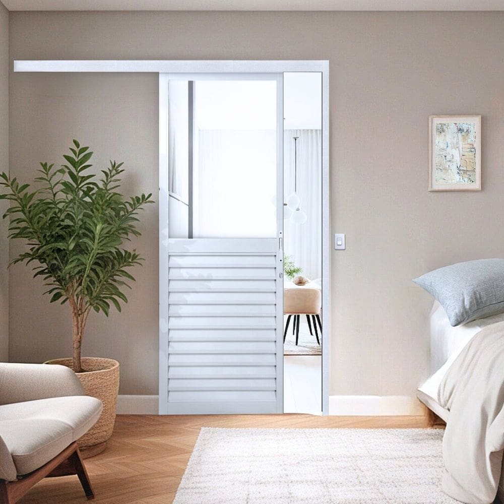 Porta de Correr Veneziana de Aluminio 215x100cm com Vidro Mini Boreal Branco