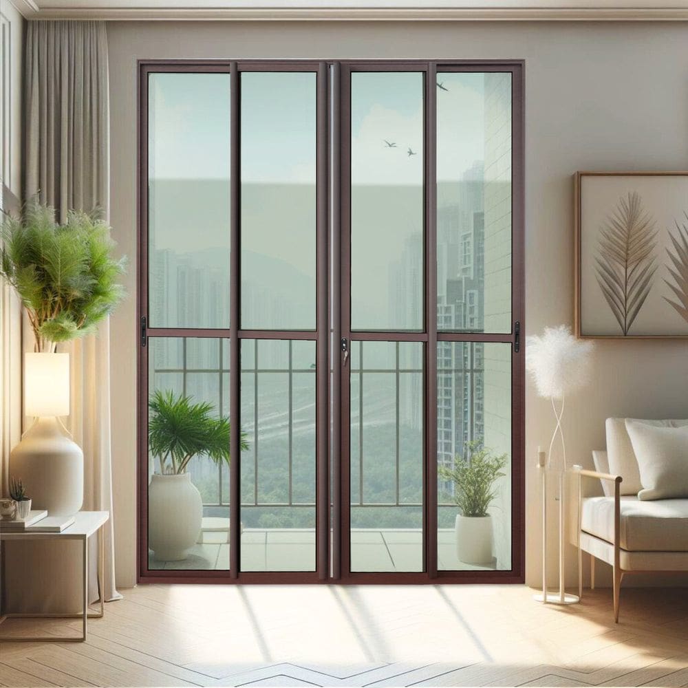 Porta de Correr 4 Folhas Moveis 210 X 200 Elite com Fechadura Tetra Vidro Liso Corten