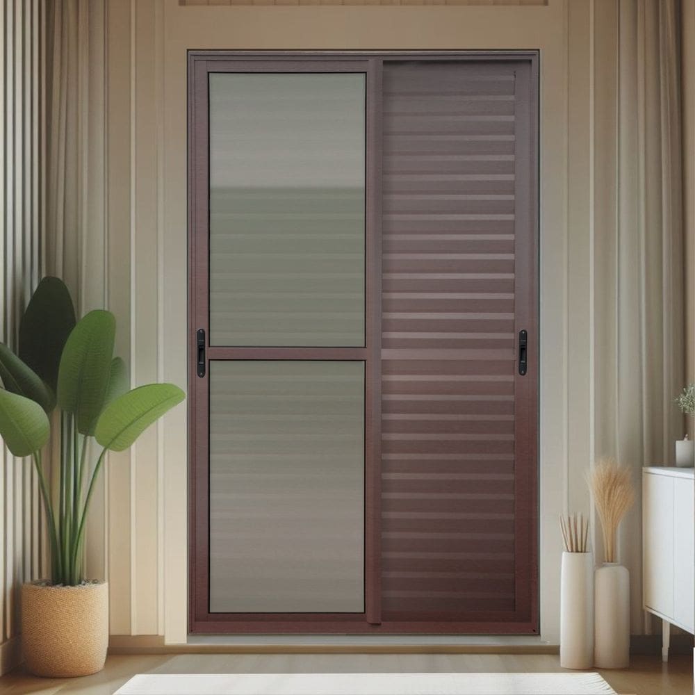 Porta de Correr Venez. 3 Folhas Moveis 210 X 120 Elite com Fecho Automático Vidro Liso Corten