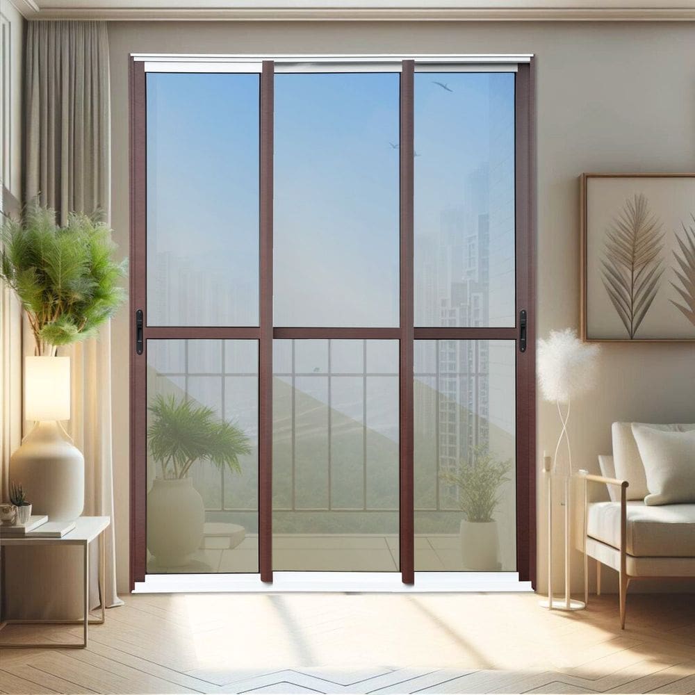 Porta de Correr 3 Folhas Moveis Sequenciais 210 X 120 Elite com Fecho Automático Vidro Reflex Mix Corten