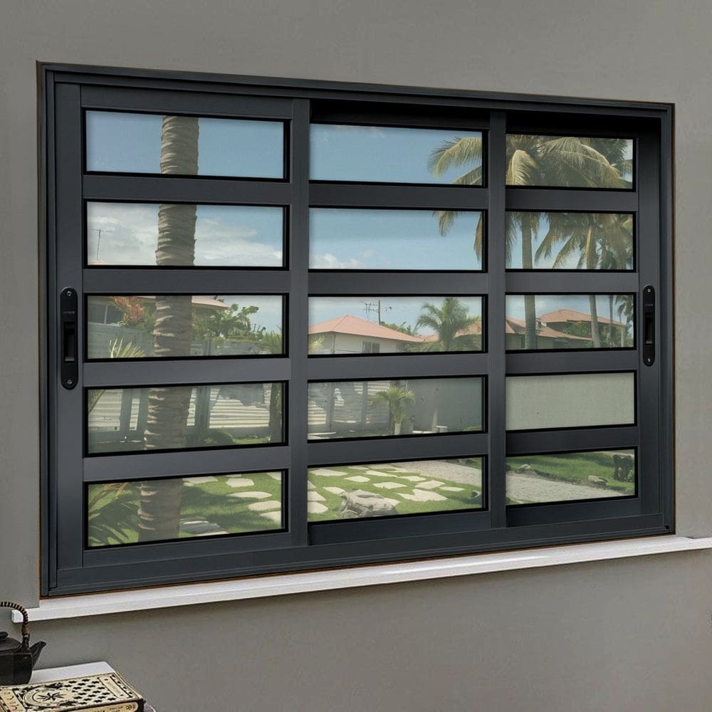 Janela Elite com Travessas 3 Folhas Moveis Sequenciais 100 X 240 Vidro Liso Preto