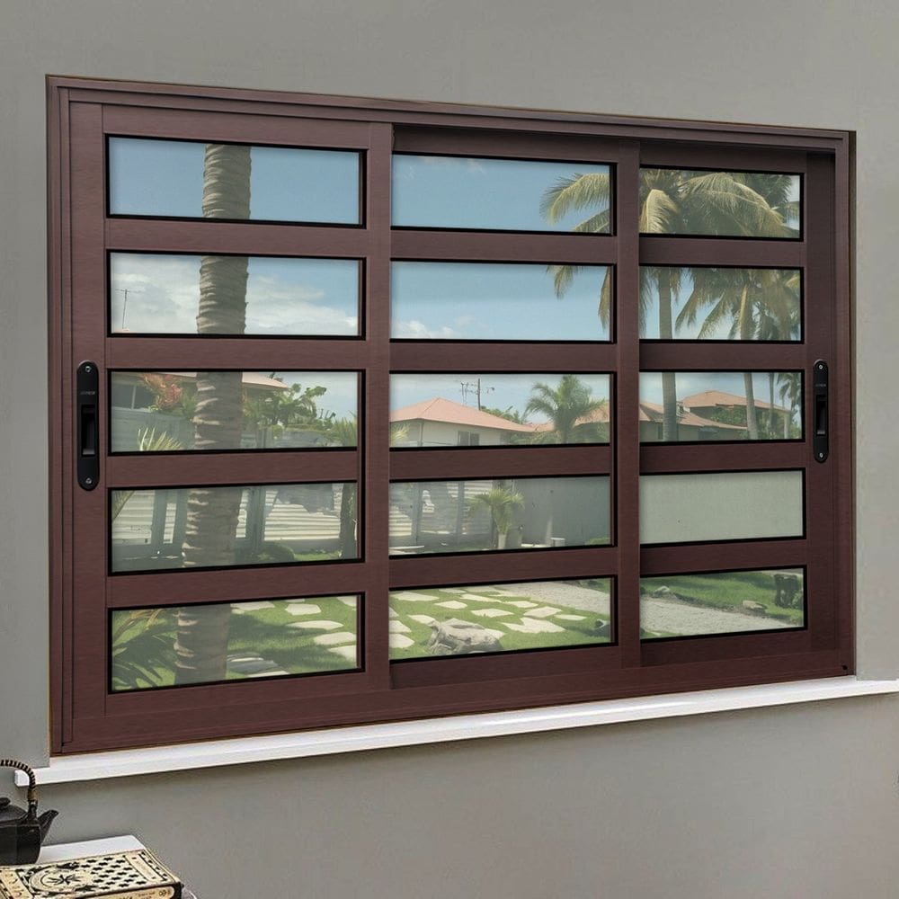 Janela Elite com Travessas 3 Folhas Moveis Sequenciais 120 X 200 Vidro Liso Corten
